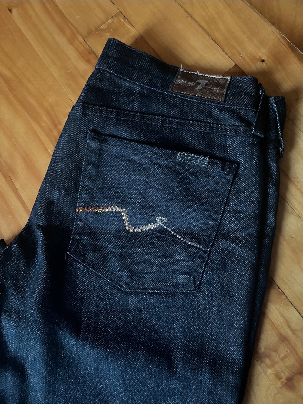 7 For All Mankind Men’s Dark Blue Slim Jeans with Rhinestone Pocket Accent